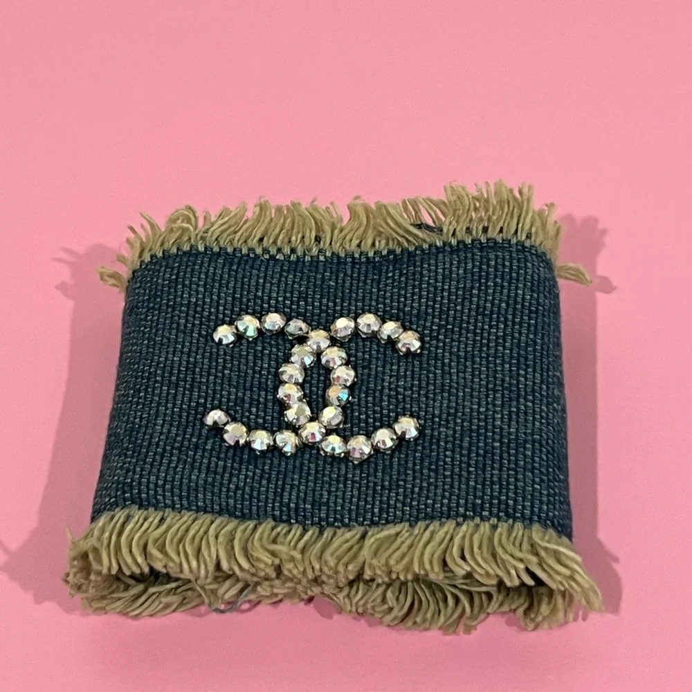 πSOLDπ CHANEL Embellished Denim Cuff Bracelet - Picture 2 of 8